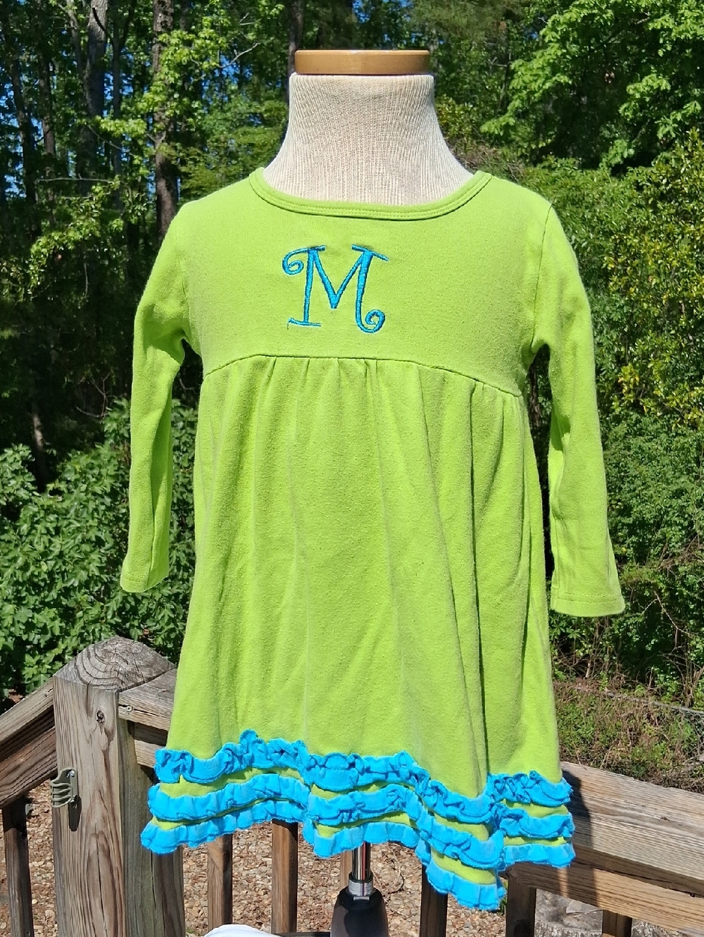 Girls Lime Green Ruffle Hem Tunic with Blue Monogram M, Sz 3T